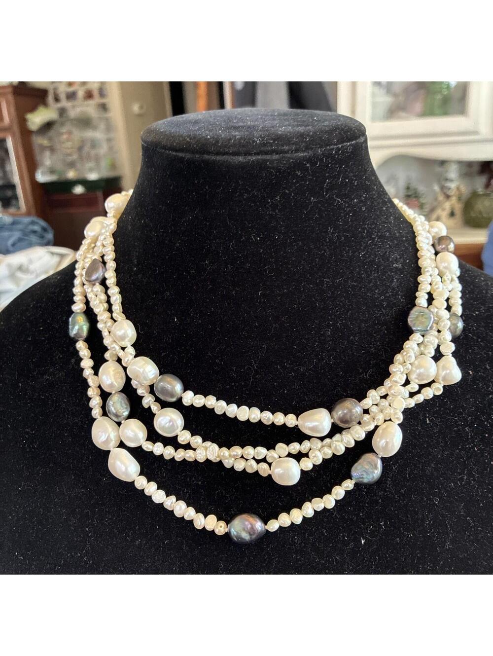 Multi Strand Freshwater Pearl Necklace Baroque Cultured Pearls Peacock Magnetic
